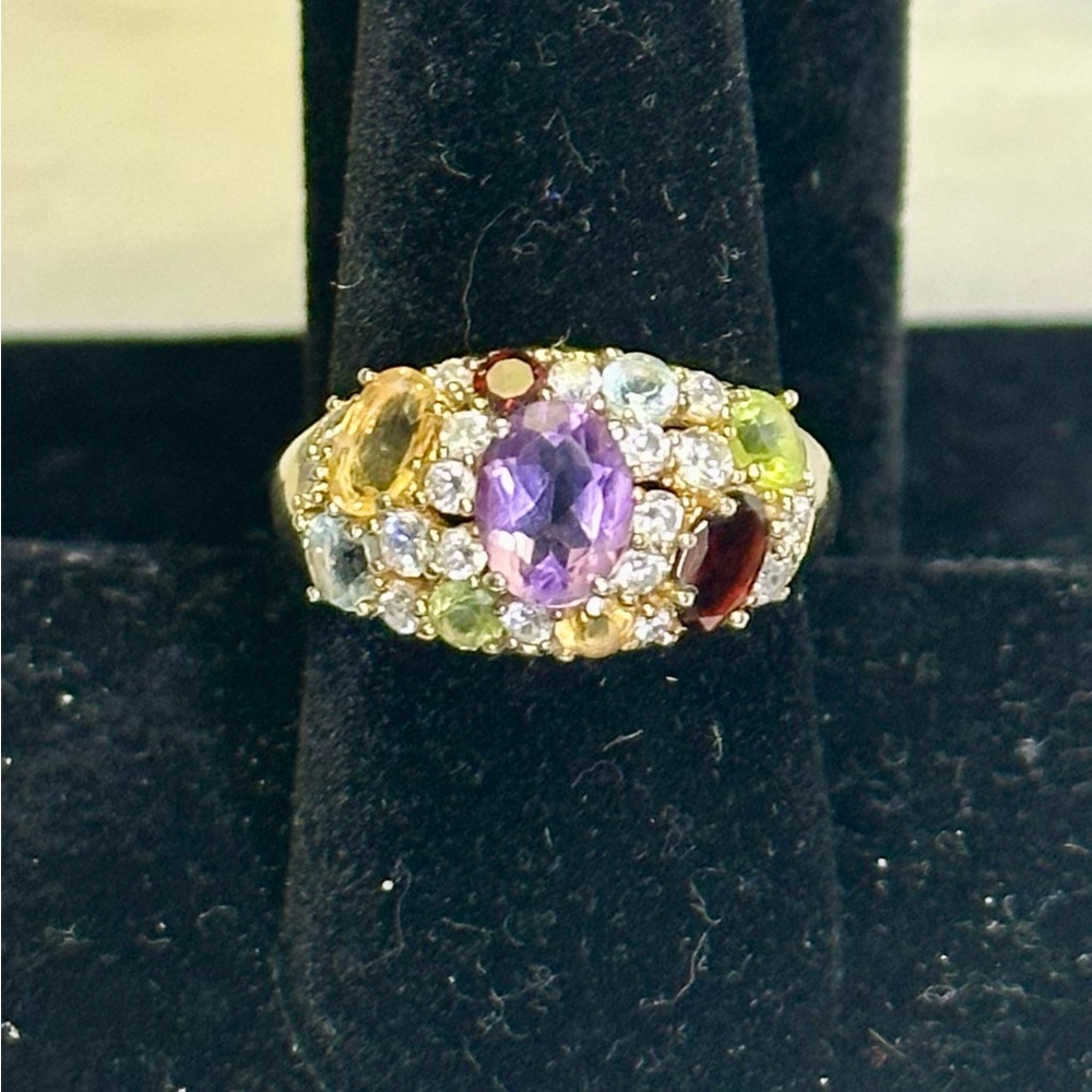 Sterling Silver Gold-toned Multicolor Stones Dome Ring; Size 9